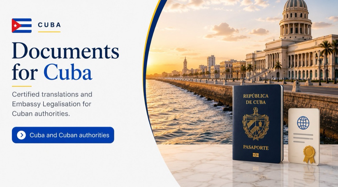 Documents for Cuba: Cuban passport and document illustration by the Malecón, Havana