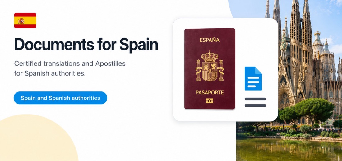 Documents for Spain: Spanish passport and document illustration in front of the Sagrada Familia, Barcelona